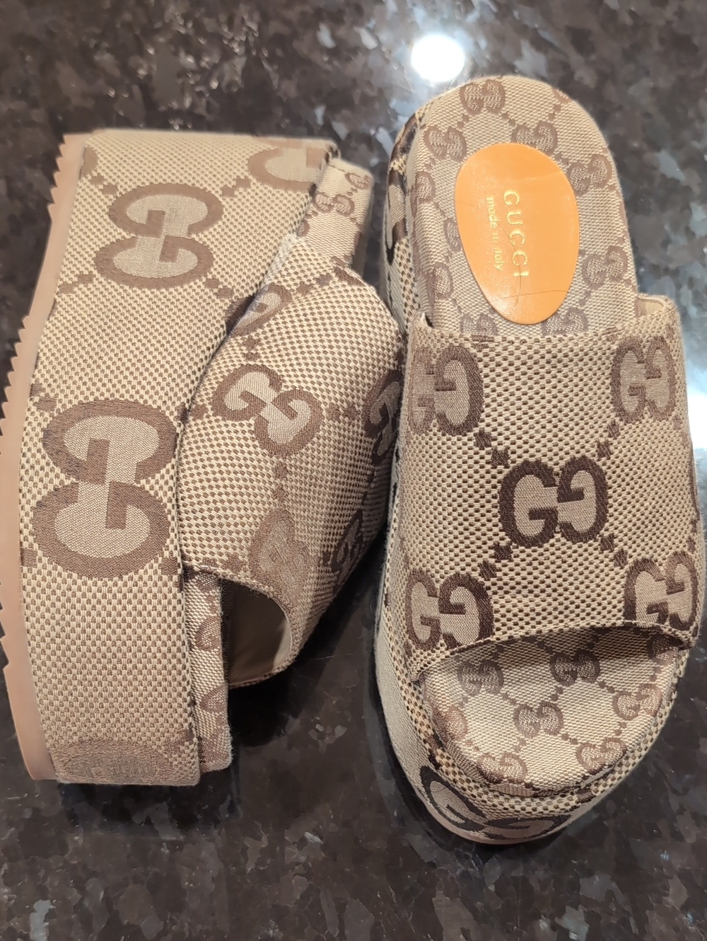 Gucci Beige Brown GG Logo Platform Wedge Slides